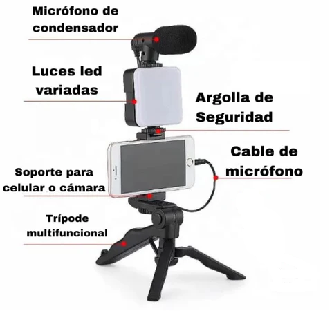 Kit video streaming micrófono para celular trípode luz led