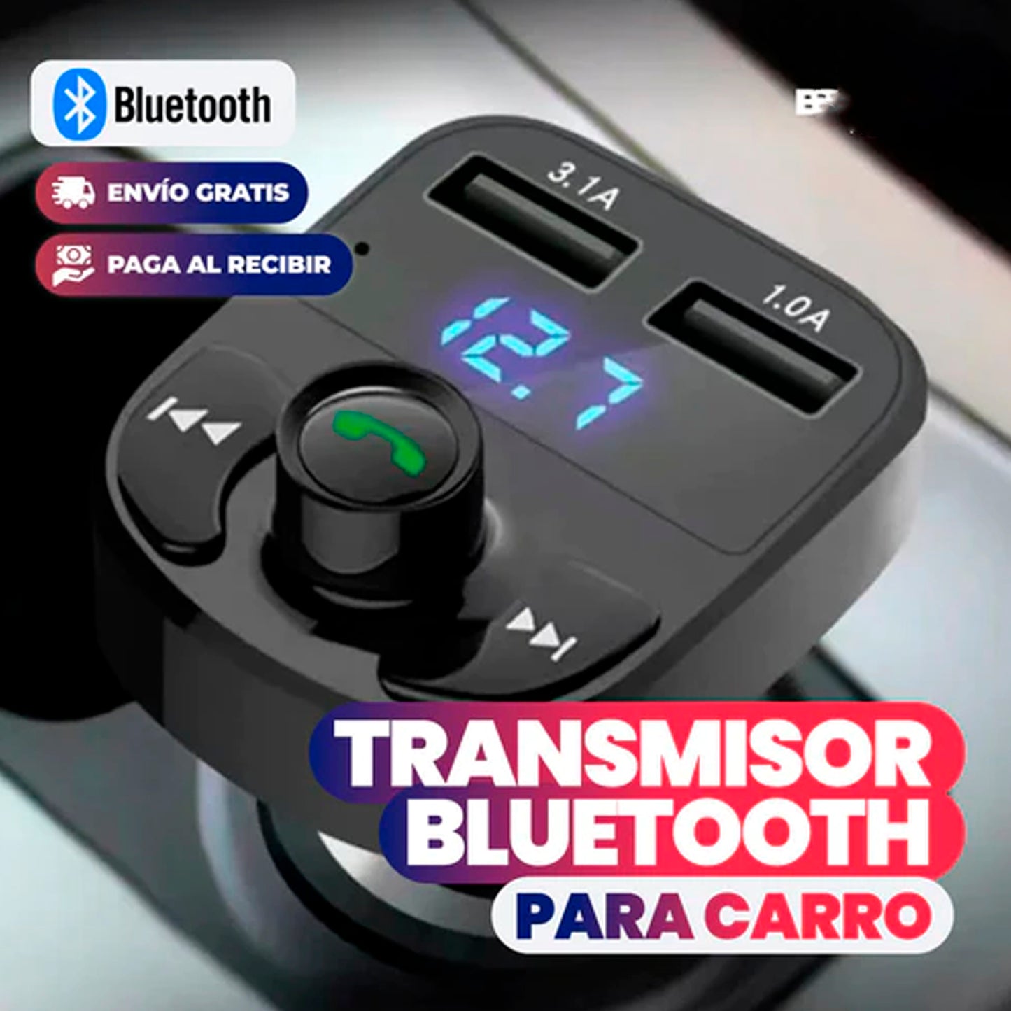 TRANSMISOR BLUETOOTH CON CARGA RÁPIDA PARA CARRO