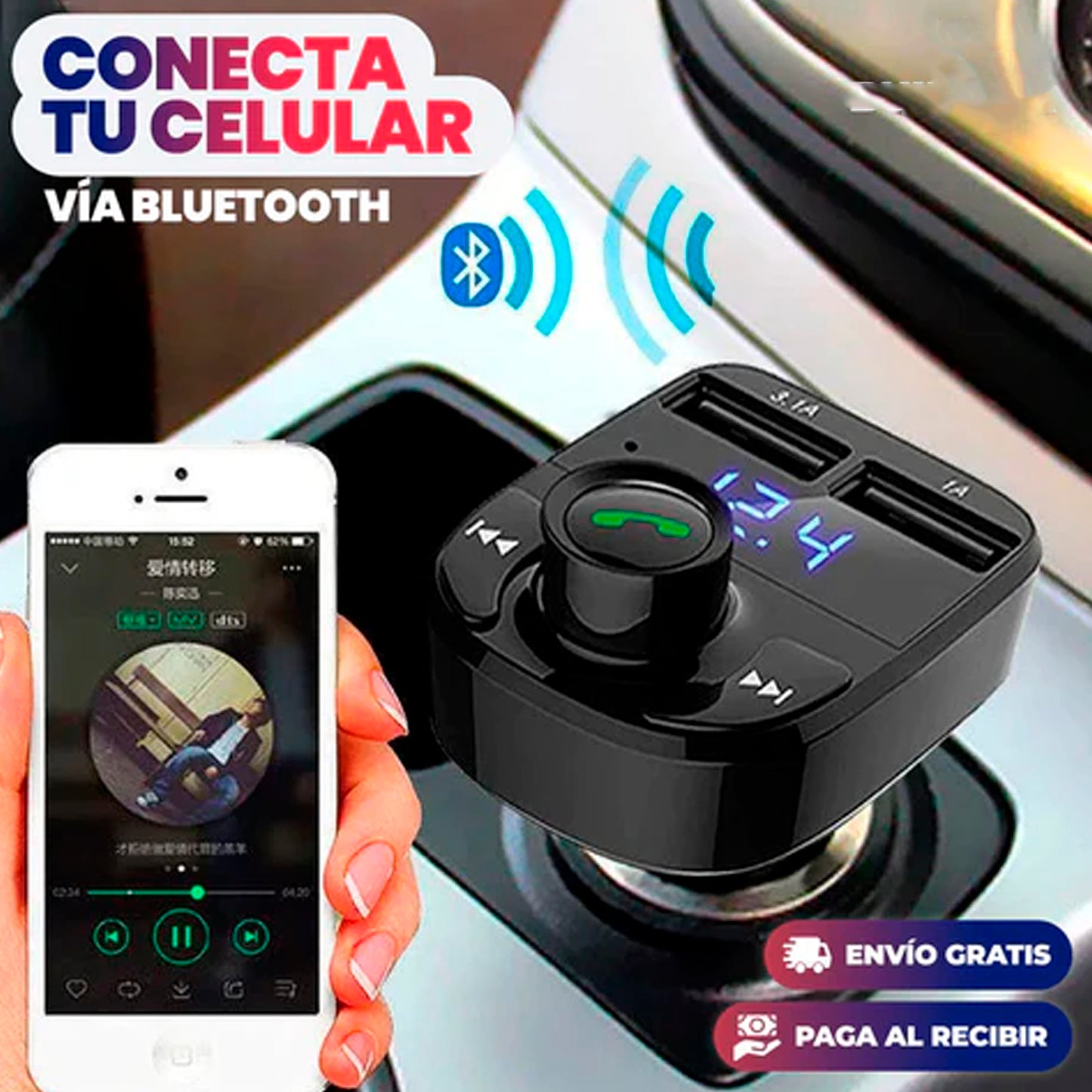 TRANSMISOR BLUETOOTH CON CARGA RÁPIDA PARA CARRO