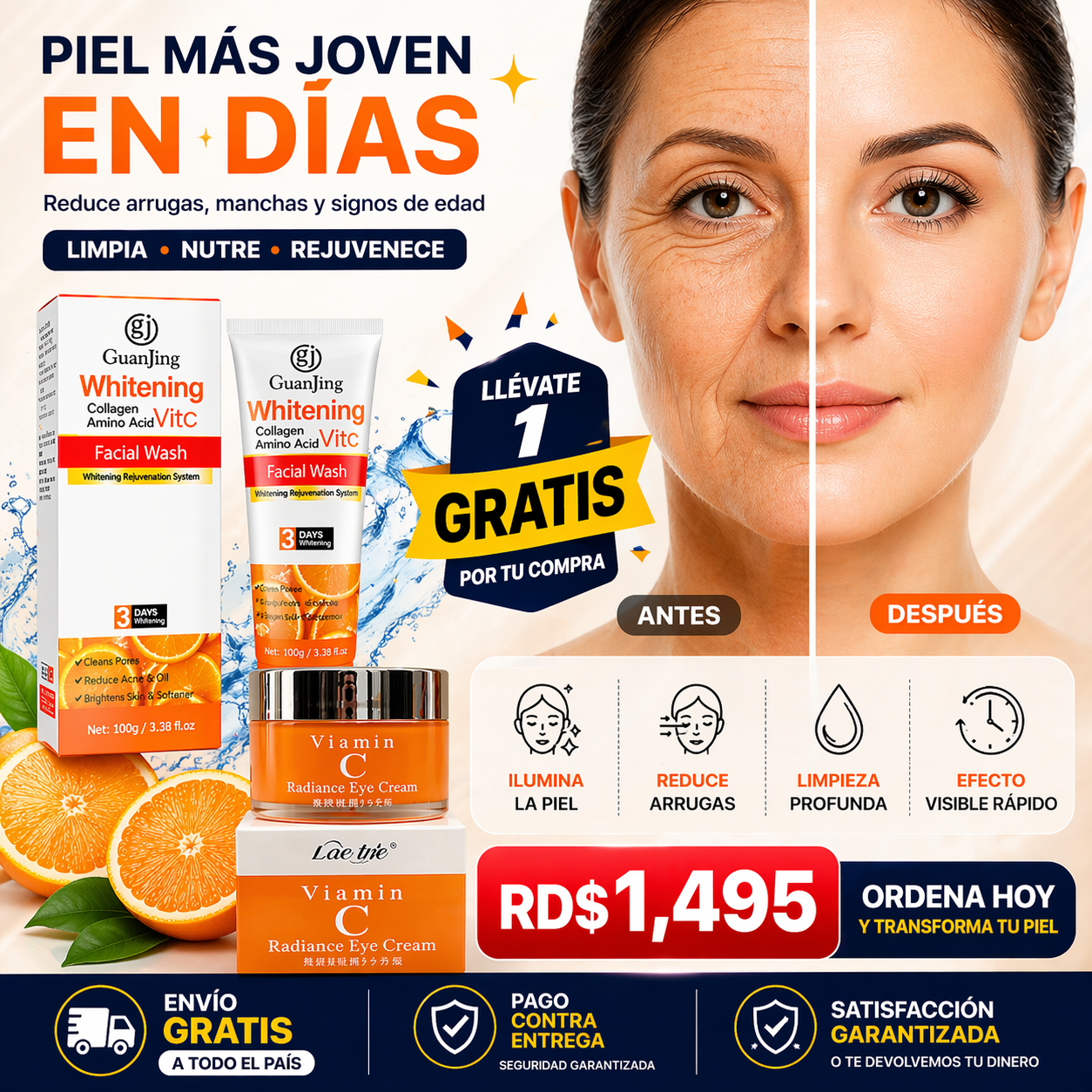 COMBO CREMA ANTIARRUGAS VITAMINA C LOVE JOJO Y LAVADO  FACIAL DE REGALO