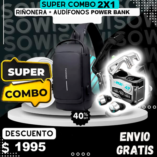 Super combo Mochila antirrobo negra + Audífonos m25 power bank
